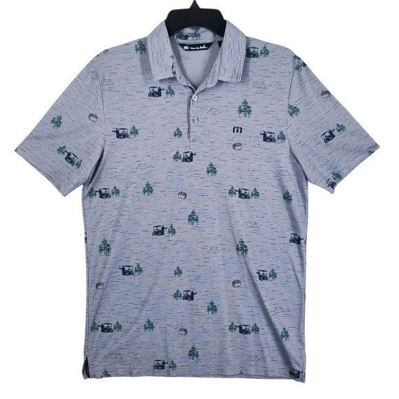 Travis Mathew Outfresh Polo Shirt Mens M Golfcart Beer Tent Pines AOP SS - Picture 8 of 9